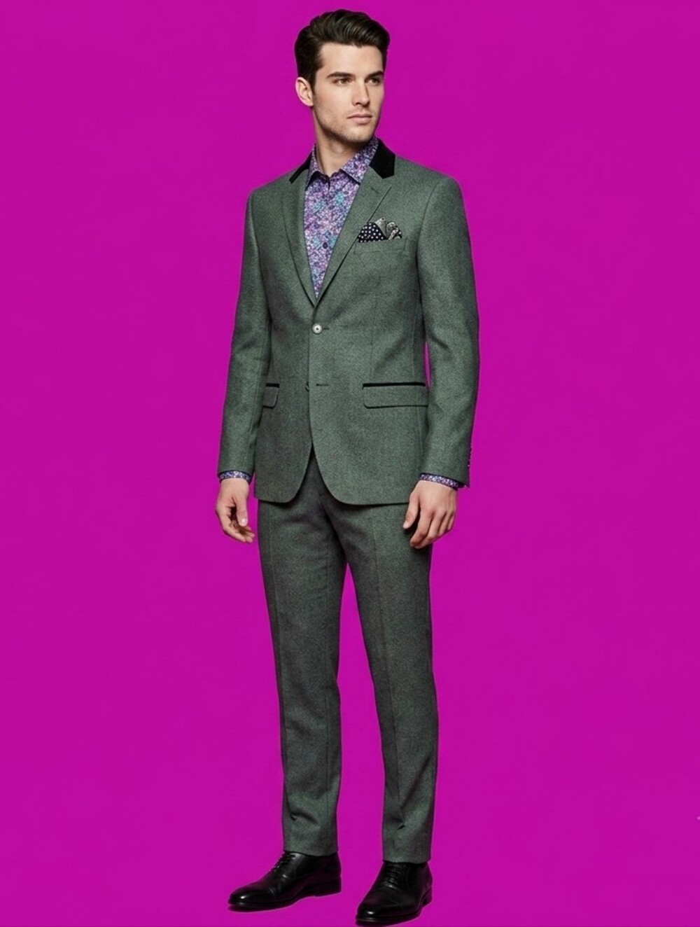 𝅺EDGE BY WD:NY Grey Wool Suit with Black Velvet Trim